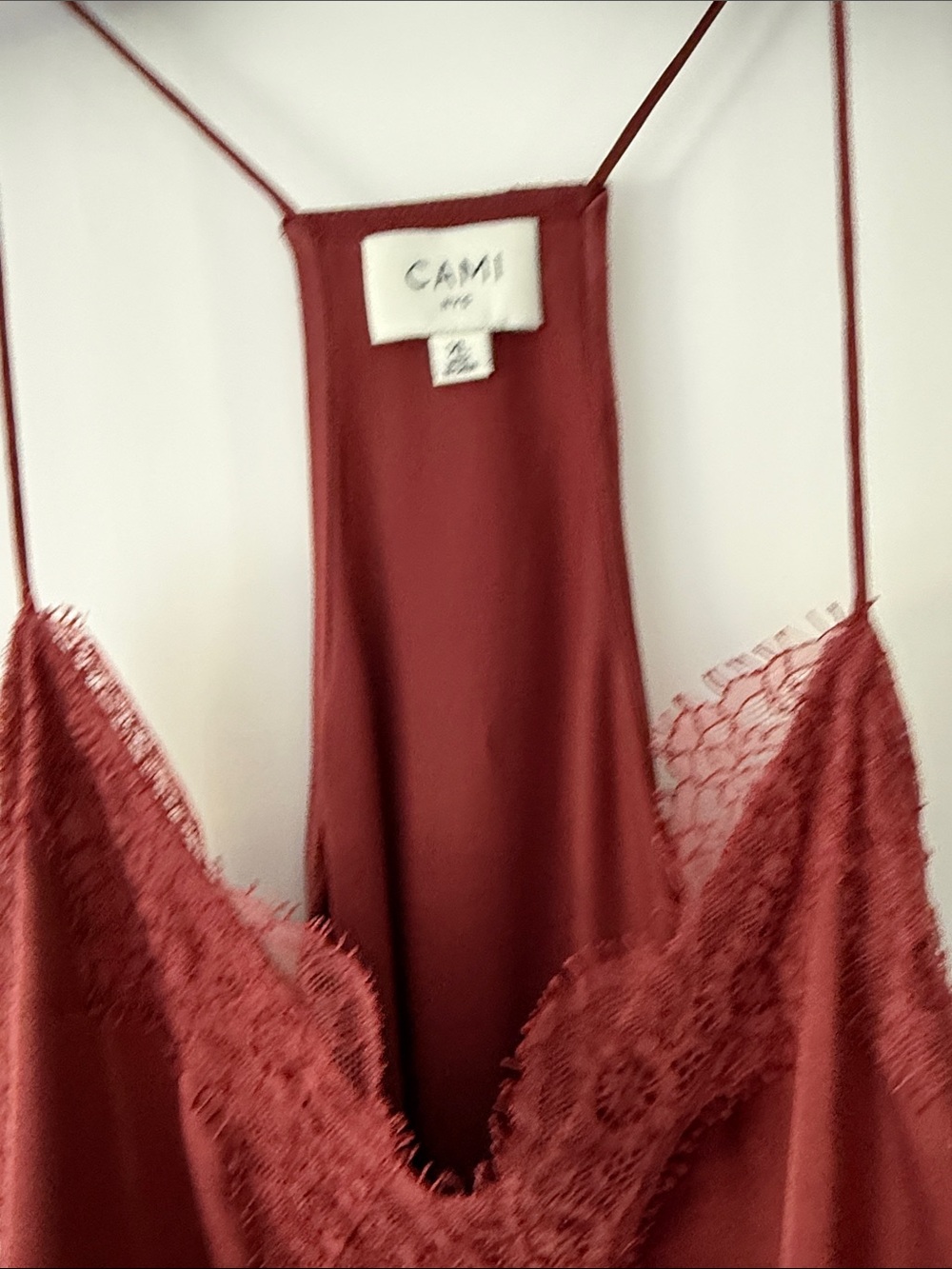 Cami NYC Silk Satin Lace-Trim camisole in Bordeaux color with thin straps - Picture 2 of 4